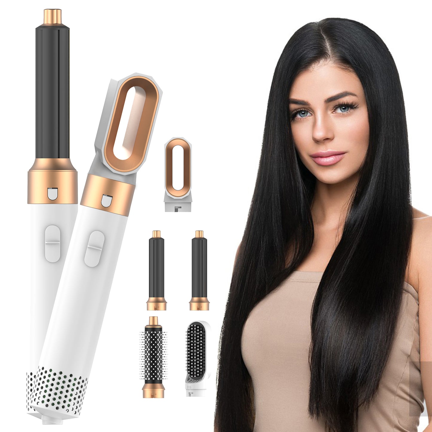 Hair Dryer Brush, Hot Air Brush, 5 in 1 Blow Dryer Brush for Drying Straightening Curling Volumizing Multi Hair Style, White Gold