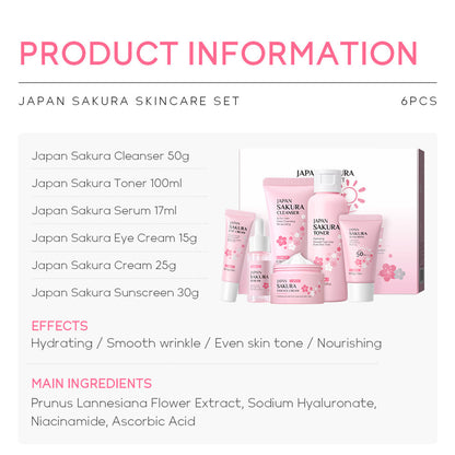 Skin Care Set JAPAN SAKURA Women Beauty Gift Sets Skin Care Kit with Cleanser, Toner, Lotion, Serum, Eye Cream, Face Cream Travel Kit for Women Teen Girls Mom Daughter Tsa-Friendly Sizes 6Pcs