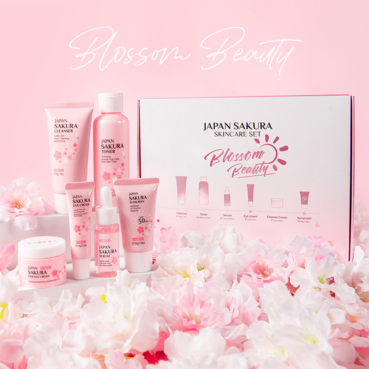 Skin Care Set JAPAN SAKURA Women Beauty Gift Sets Skin Care Kit with Cleanser, Toner, Lotion, Serum, Eye Cream, Face Cream Travel Kit for Women Teen Girls Mom Daughter Tsa-Friendly Sizes 6Pcs