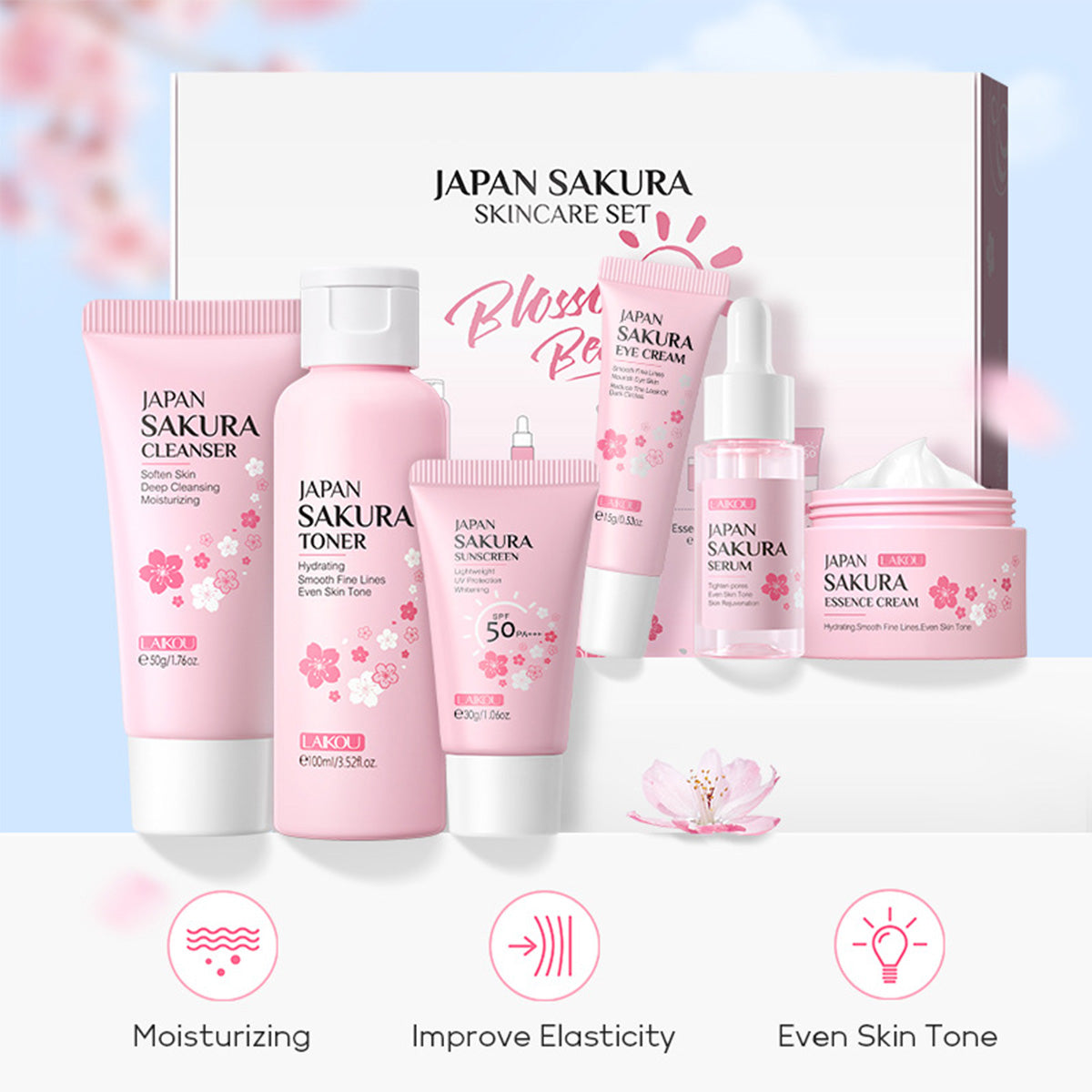 Skin Care Set JAPAN SAKURA Women Beauty Gift Sets Skin Care Kit with Cleanser, Toner, Lotion, Serum, Eye Cream, Face Cream Travel Kit for Women Teen Girls Mom Daughter Tsa-Friendly Sizes 6Pcs