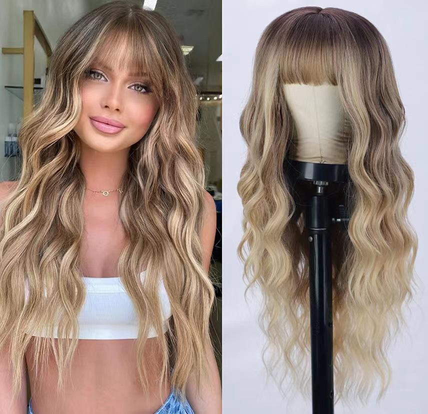 Natural-looking ash blonde wig with bangs, 26 inches in length, displayed on a wig head.