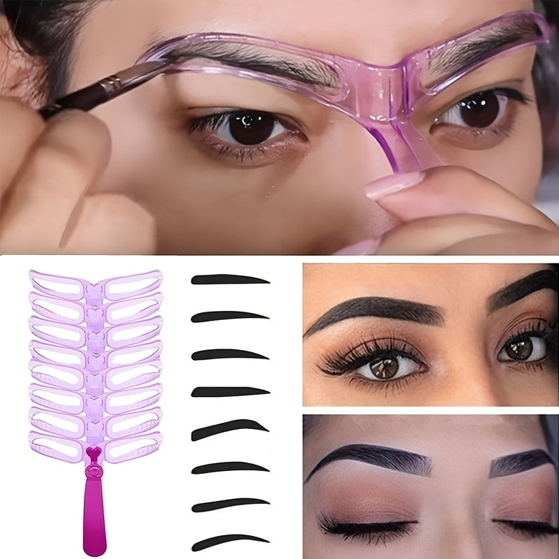 Stylish lady demonstrating the use of eyebrow stencils and shaping kits. Achieving perfectly sculpted brows with ease at home or professionally.