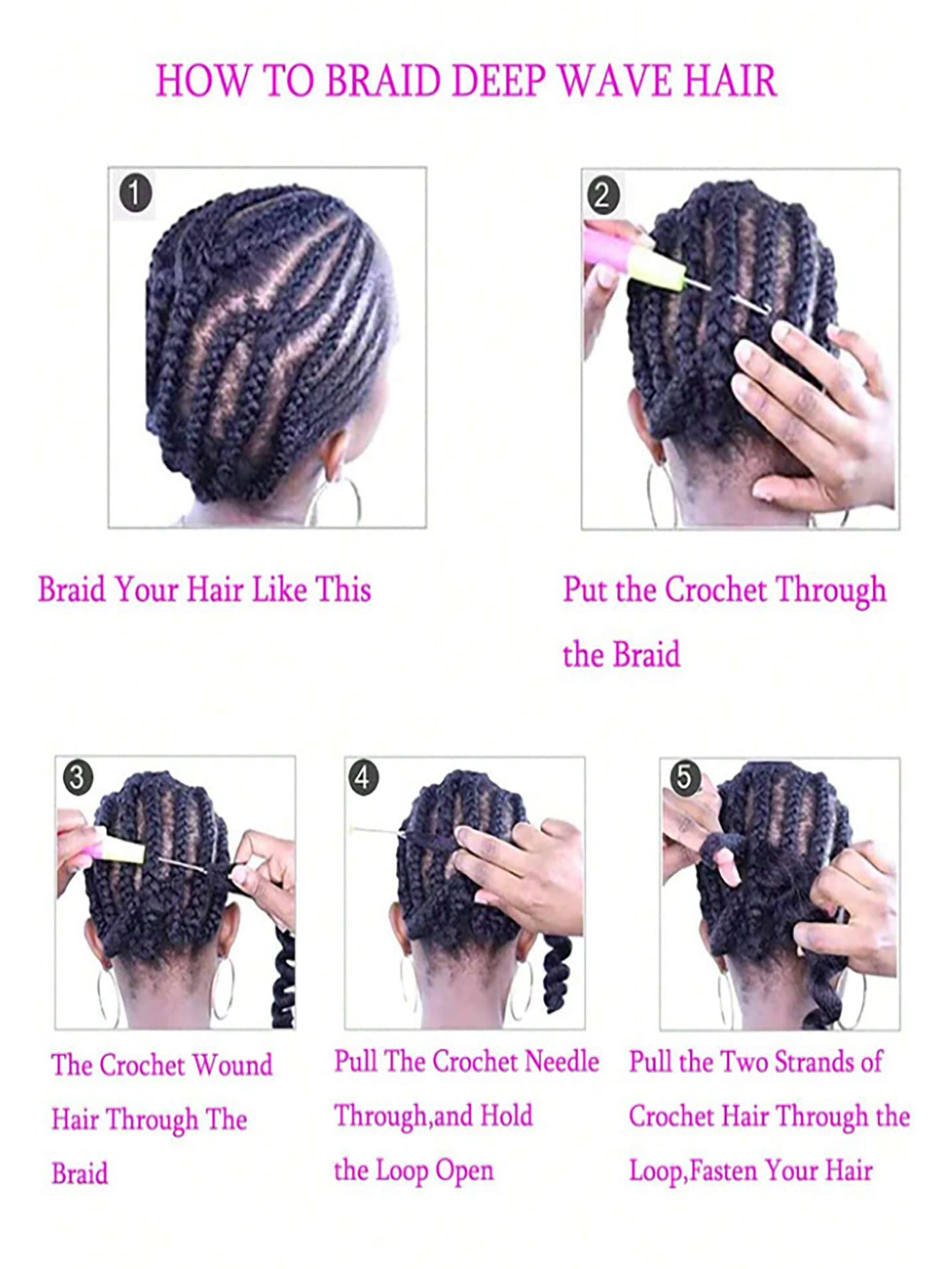 Image illustrating the process of braiding deep wave hair, featuring a step-by-step tutorial. Each step shows how to section the hair, create a braid, and incorporate the waves for a beautiful, textured look, perfect for enhancing your hairstyle.