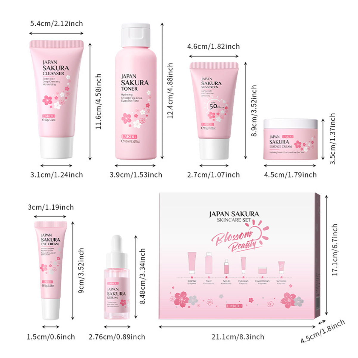 Skin Care Set JAPAN SAKURA Women Beauty Gift Sets Skin Care Kit with Cleanser, Toner, Lotion, Serum, Eye Cream, Face Cream Travel Kit for Women Teen Girls Mom Daughter Tsa-Friendly Sizes 6Pcs