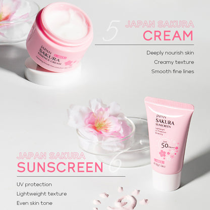 Skin Care Set JAPAN SAKURA Women Beauty Gift Sets Skin Care Kit with Cleanser, Toner, Lotion, Serum, Eye Cream, Face Cream Travel Kit for Women Teen Girls Mom Daughter Tsa-Friendly Sizes 6Pcs